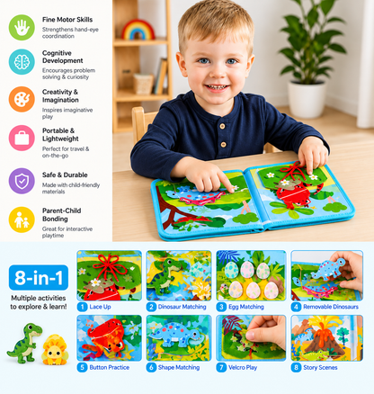 8-in-1 Montessori Dinosaur Busy Board Activity Book for Toddlers