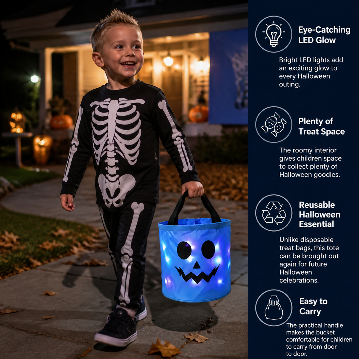 LED Halloween Trick-or-Treat Candy Bucket – Reusable Light-Up Tote Bag