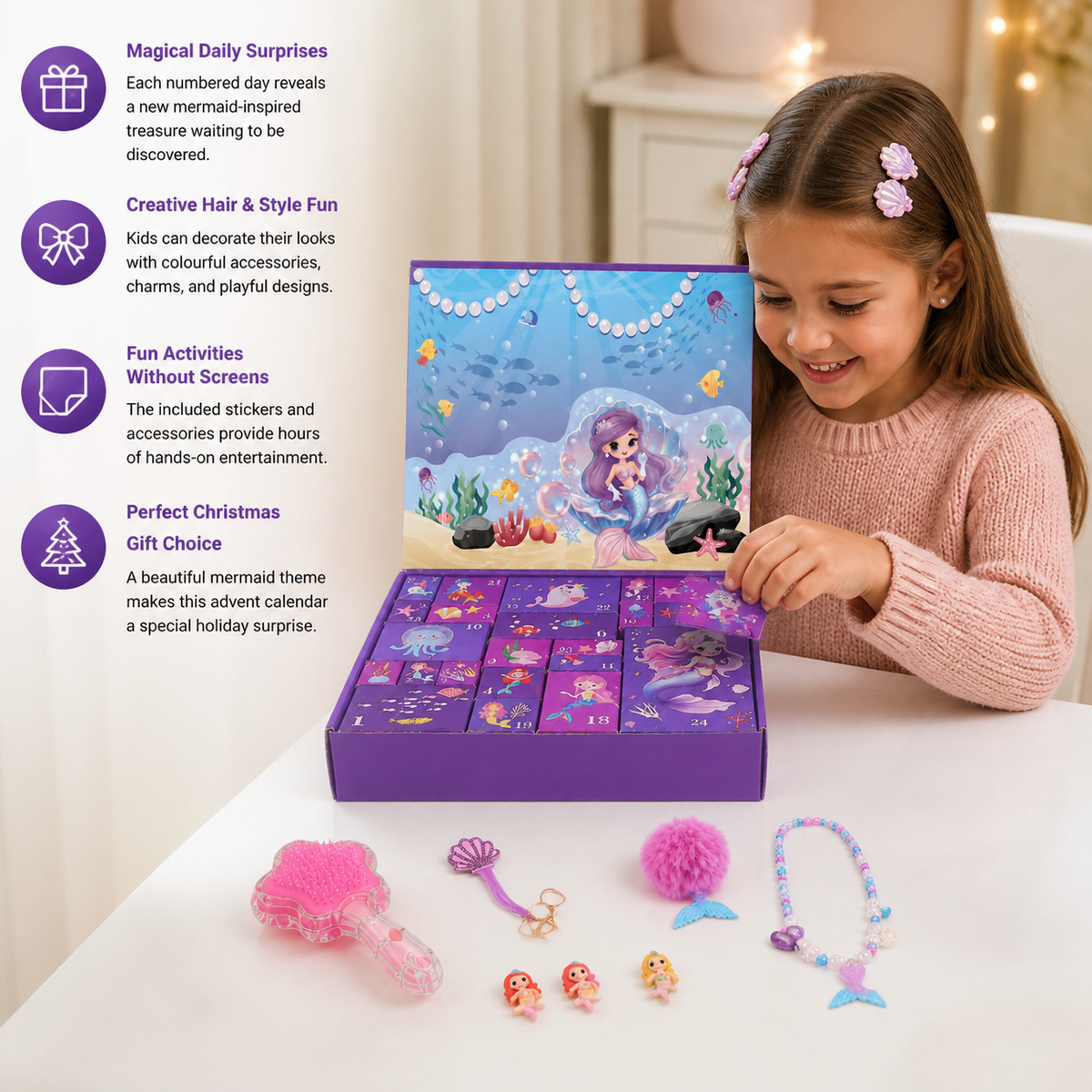 24-Day Mermaid Advent Calendar with Hair Accessories, Stickers & Surprise Gifts