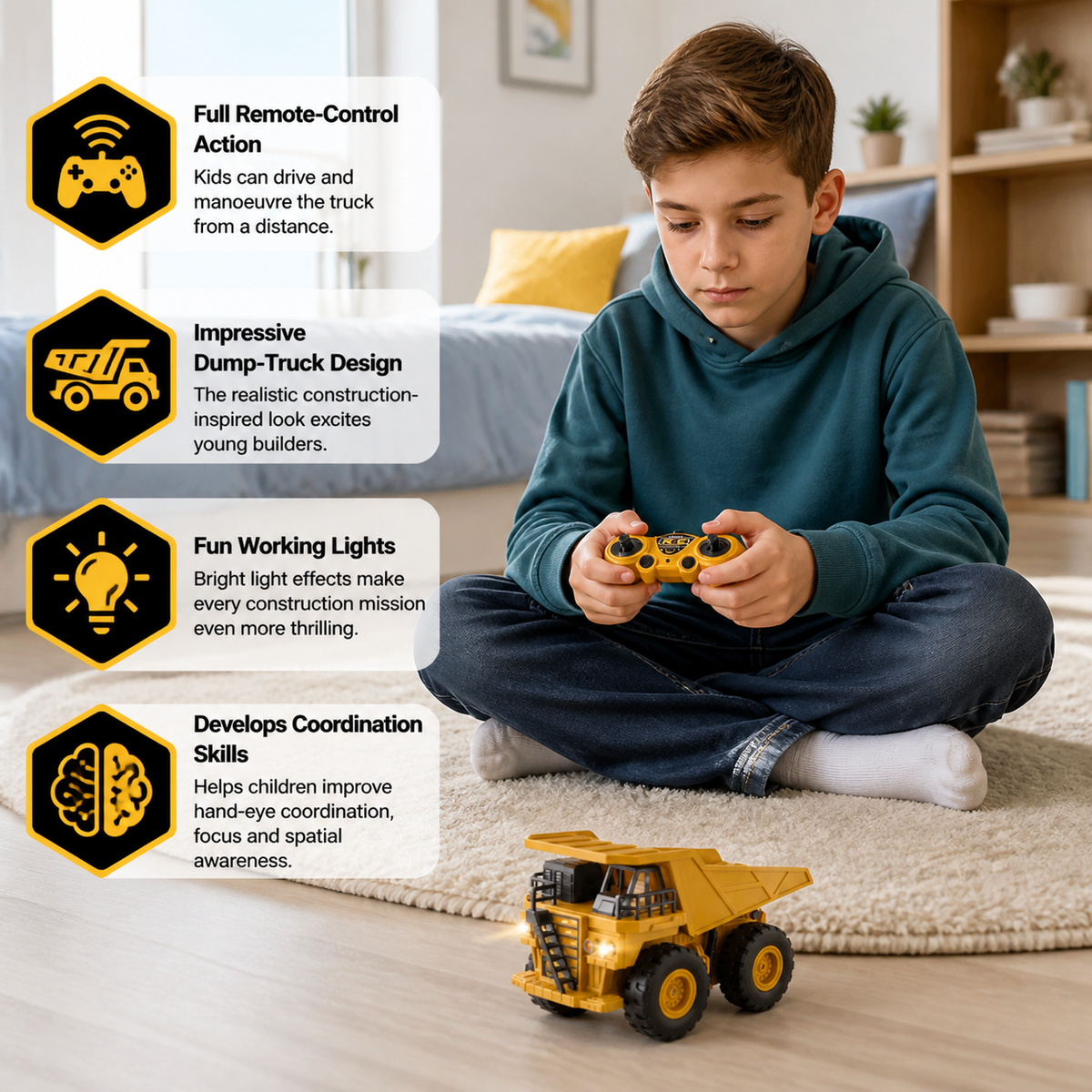 Remote-Controlled Dump Truck with Lights – Construction Vehicle Toy