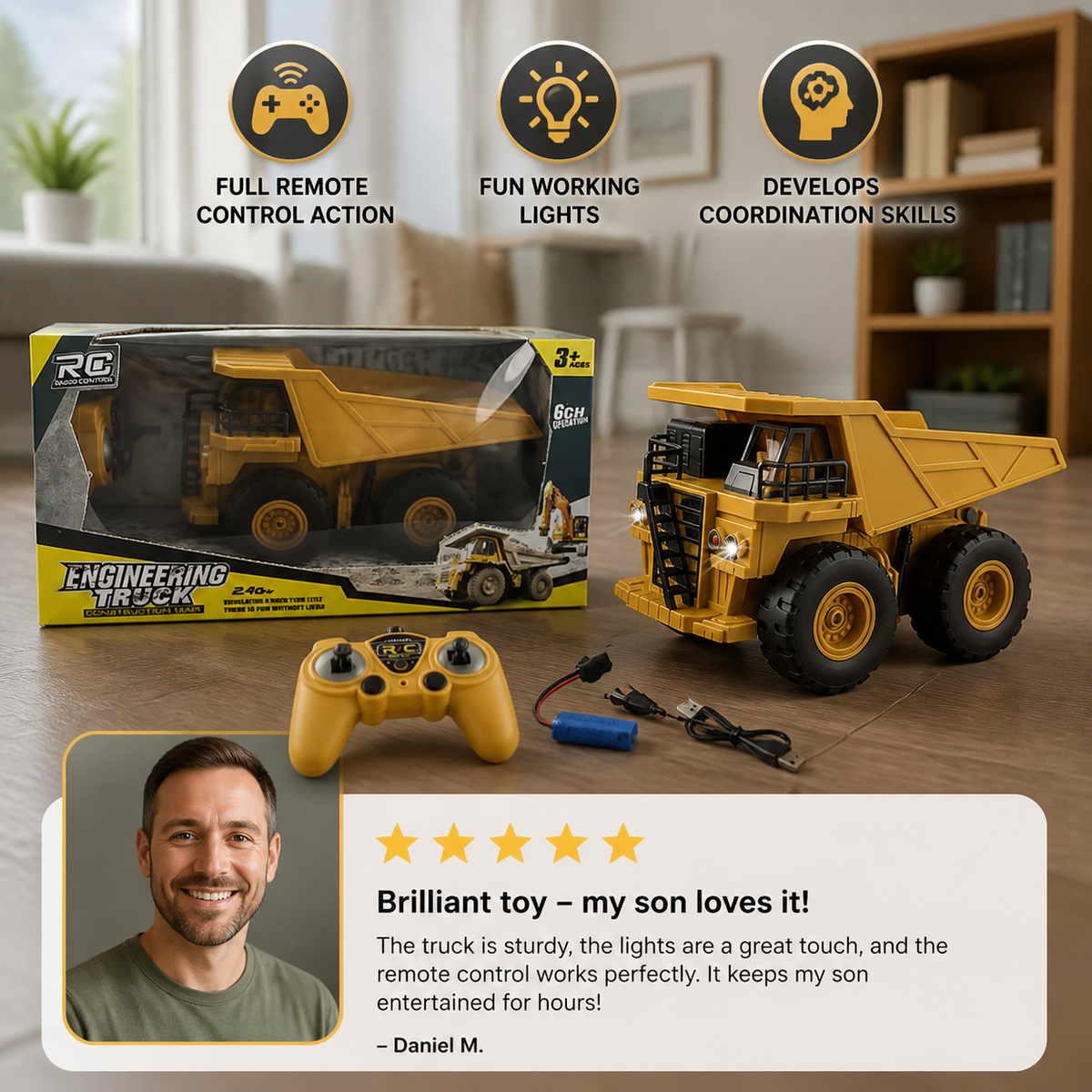 Remote-Controlled Dump Truck with Lights – Construction Vehicle Toy