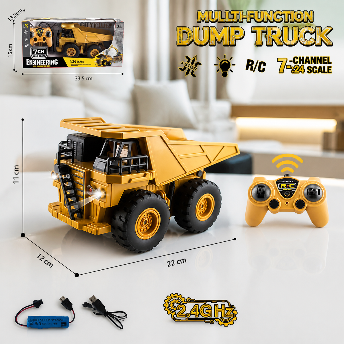 Remote-Controlled Dump Truck with Lights – Construction Vehicle Toy