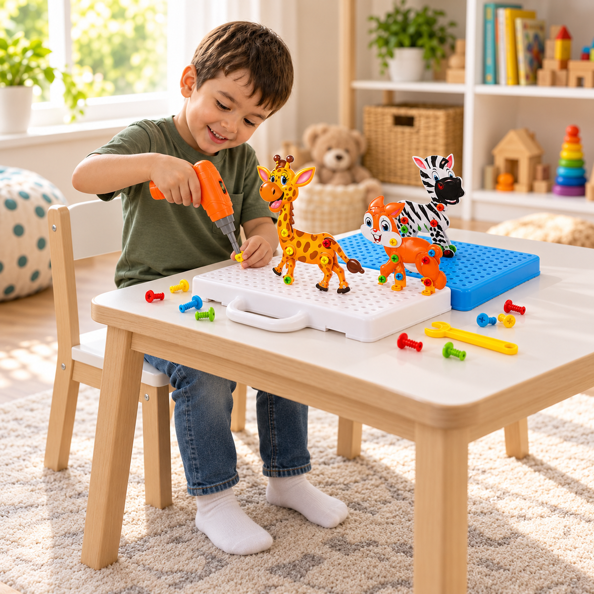 Safari Animal Building Block Set with Electric Toy Drill for Kids