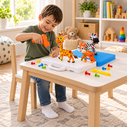 Safari Animal Building Block Set with Electric Toy Drill for Kids