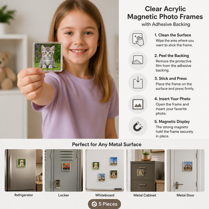 Clear Acrylic Magnetic Photo Frames with Adhesive Backing Set of 5