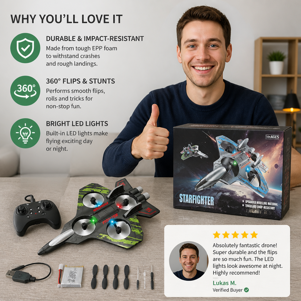 Durable Foam RC Fighter Jet Drone for Indoor & Outdoor Flying – 360° Flips & LED Lights