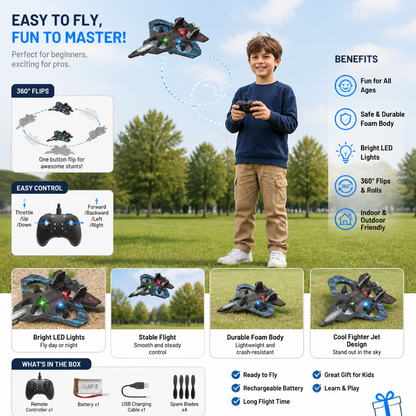 Durable Foam RC Fighter Jet Drone for Indoor & Outdoor Flying – 360° Flips & LED Lights