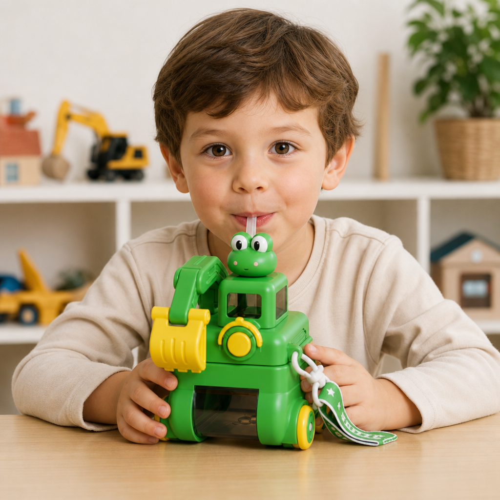 TinyExcavators Excavator-Shaped Water Bottle with Straw for Kids