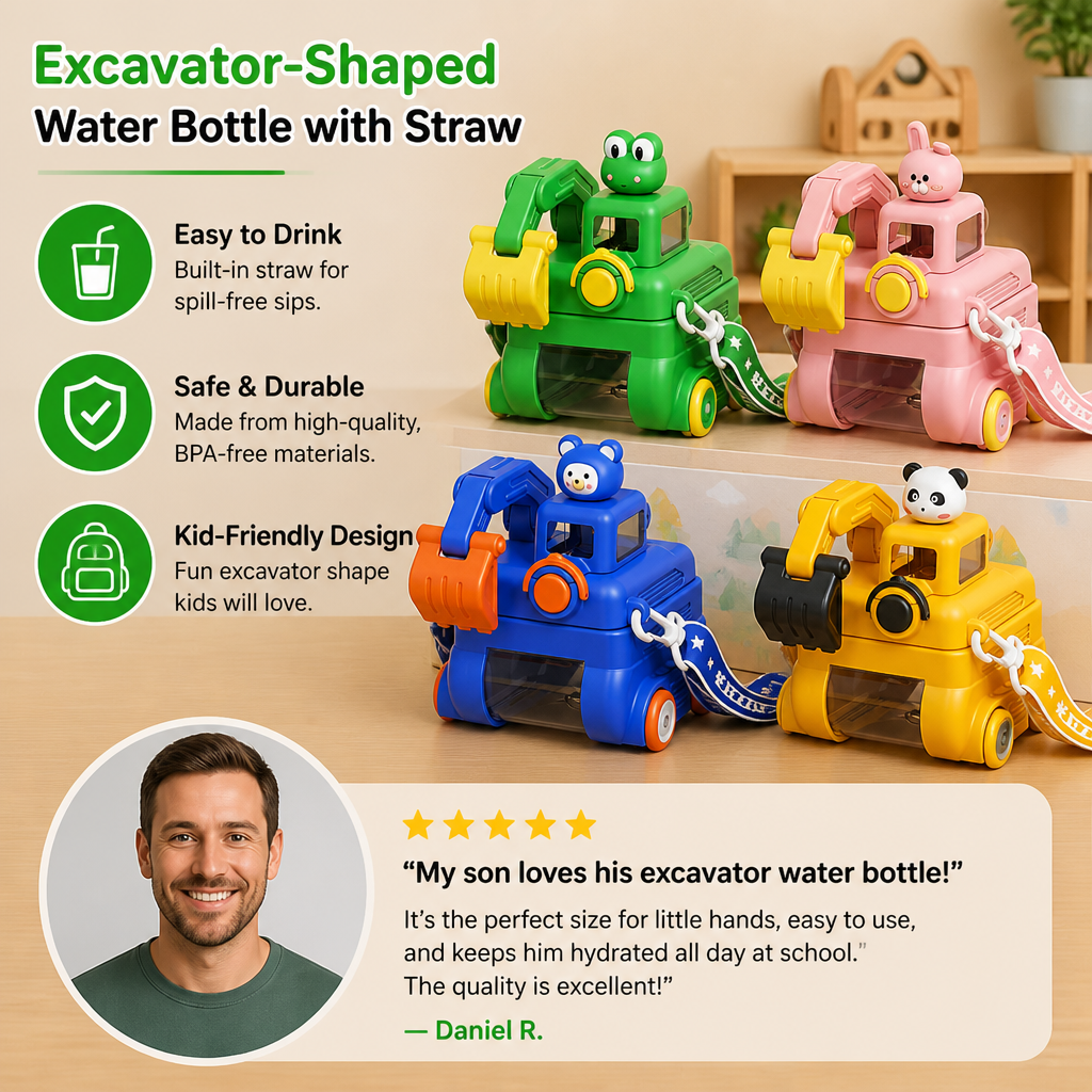TinyExcavators Excavator-Shaped Water Bottle with Straw for Kids