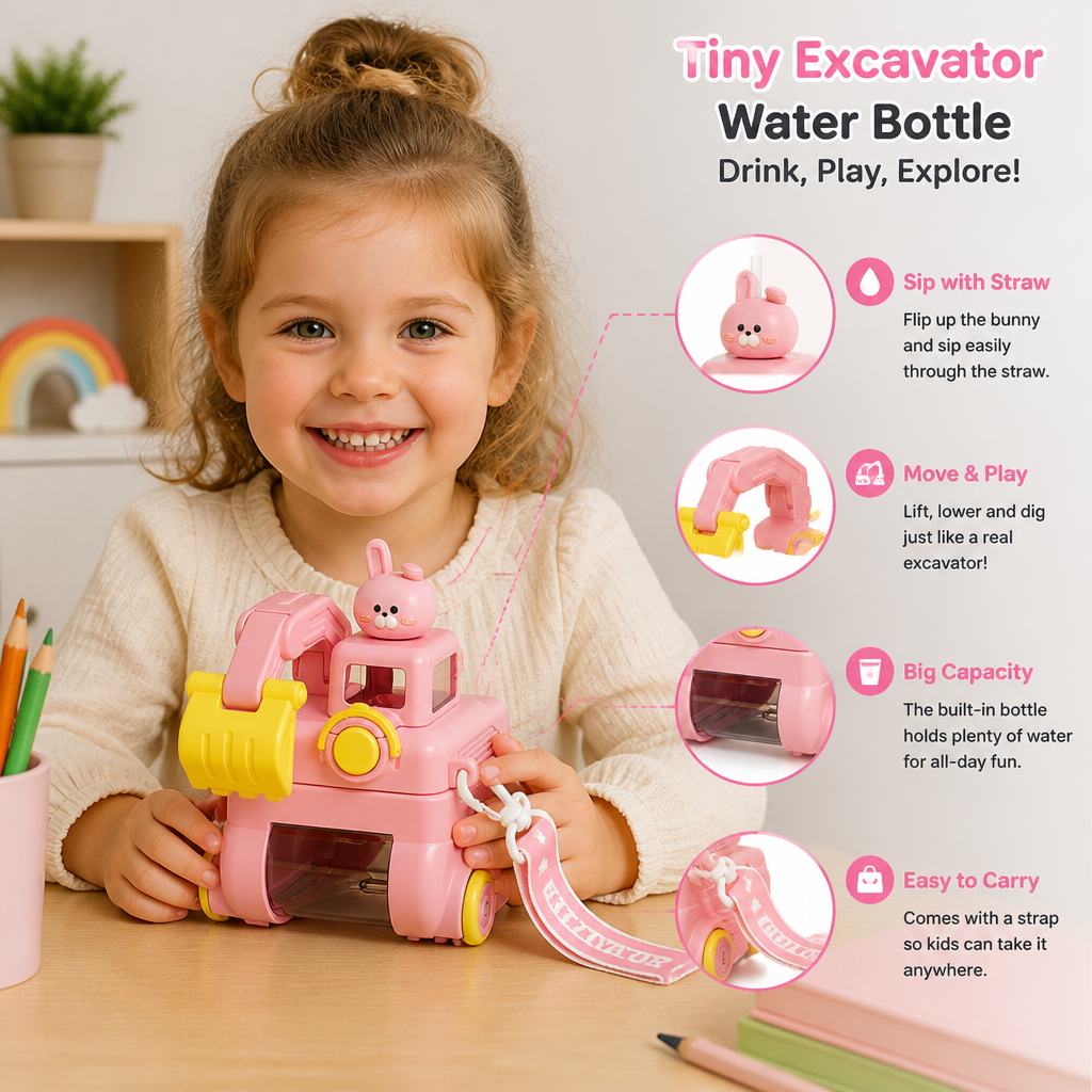 TinyExcavators Excavator-Shaped Water Bottle with Straw for Kids