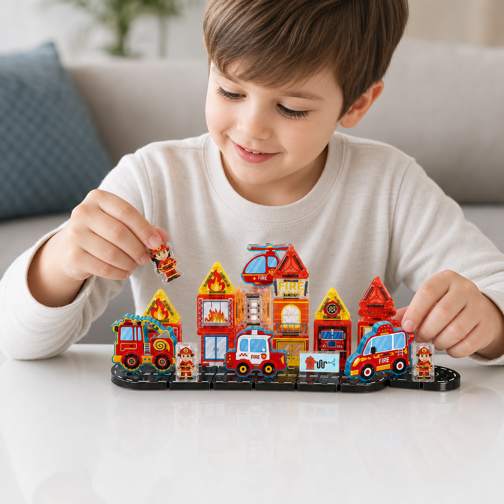 40-Piece Travel-Sized Magnetic Building Set with Construction, Fire & Police Vehicles