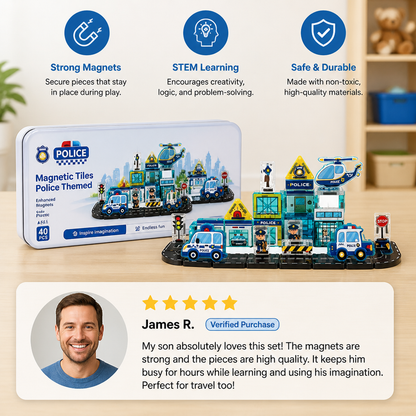 40-Piece Travel-Sized Magnetic Building Set with Construction, Fire & Police Vehicles
