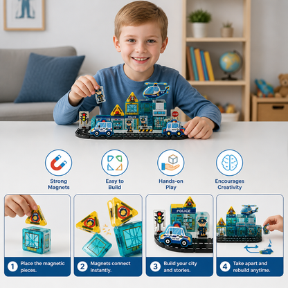 40-Piece Travel-Sized Magnetic Building Set with Construction, Fire & Police Vehicles