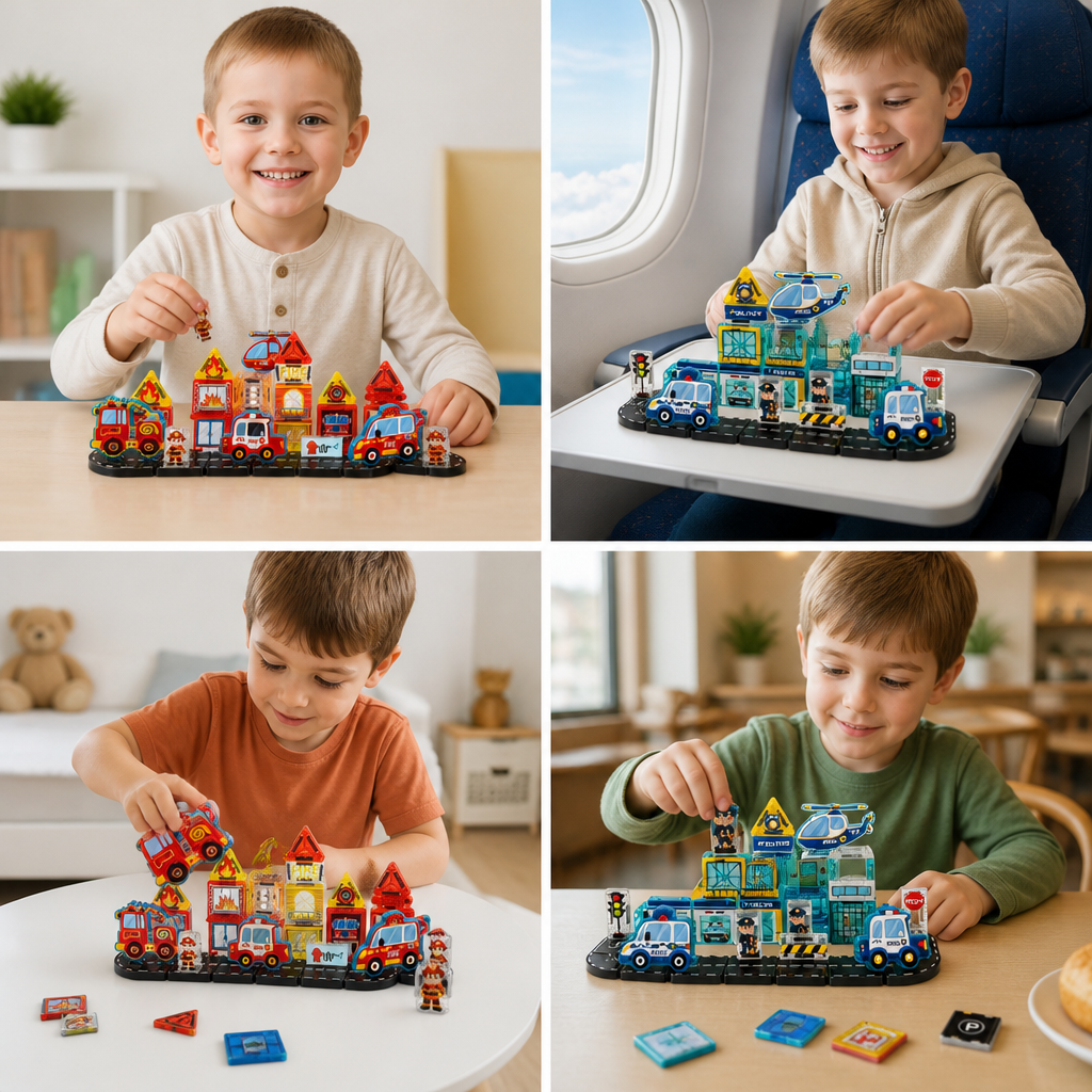40-Piece Travel-Sized Magnetic Building Set with Construction, Fire & Police Vehicles