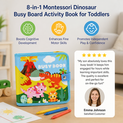 8-in-1 Montessori Dinosaur Busy Board Activity Book for Toddlers