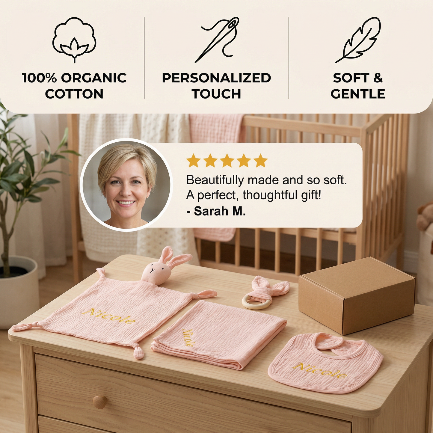Personalised 4-Piece Newborn Gift Set – Muslin, Bunny Comforter, Teether & Bib (100% Cotton)