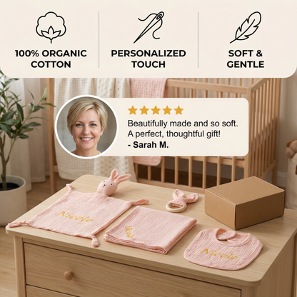 Personalised 4-Piece Newborn Gift Set – Muslin, Bunny Comforter, Teether & Bib (100% Cotton)