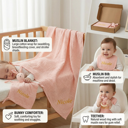 Personalised 4-Piece Newborn Gift Set – Muslin, Bunny Comforter, Teether & Bib (100% Cotton)