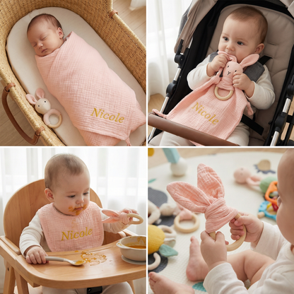 Personalised 4-Piece Newborn Gift Set – Muslin, Bunny Comforter, Teether & Bib (100% Cotton)