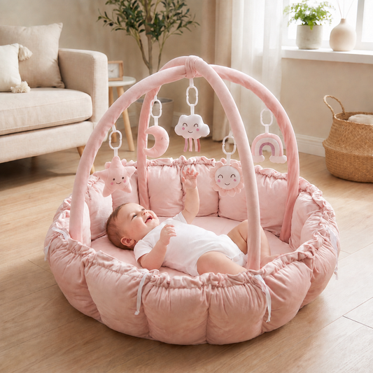 5-in-1 Plush Baby Play Gym, Activity Mat & Bed with Hanging Toys