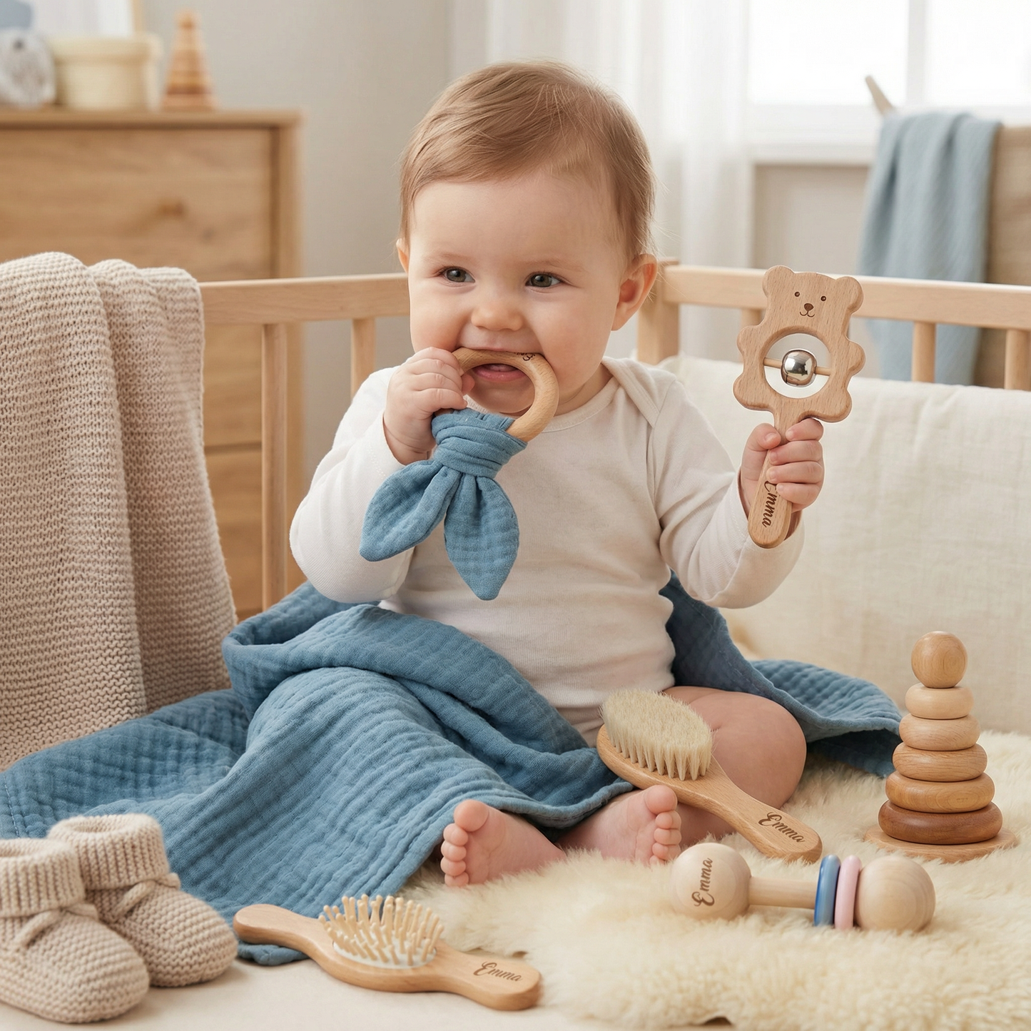 Personalized 6-Piece Baby Gift Set in Wood & Muslin – Teethers, Rattles, Hairbrush & Comfort Blanket with Name Engraving