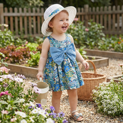 Summer 2-in-1 Girls Dress Set – Sleeveless Cotton Dress with Bow & Floral Sun Hat