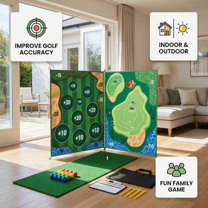 2in1 Golf Training & Play Set – Indoor & Outdoor Swing Mat with Target Wall & Club