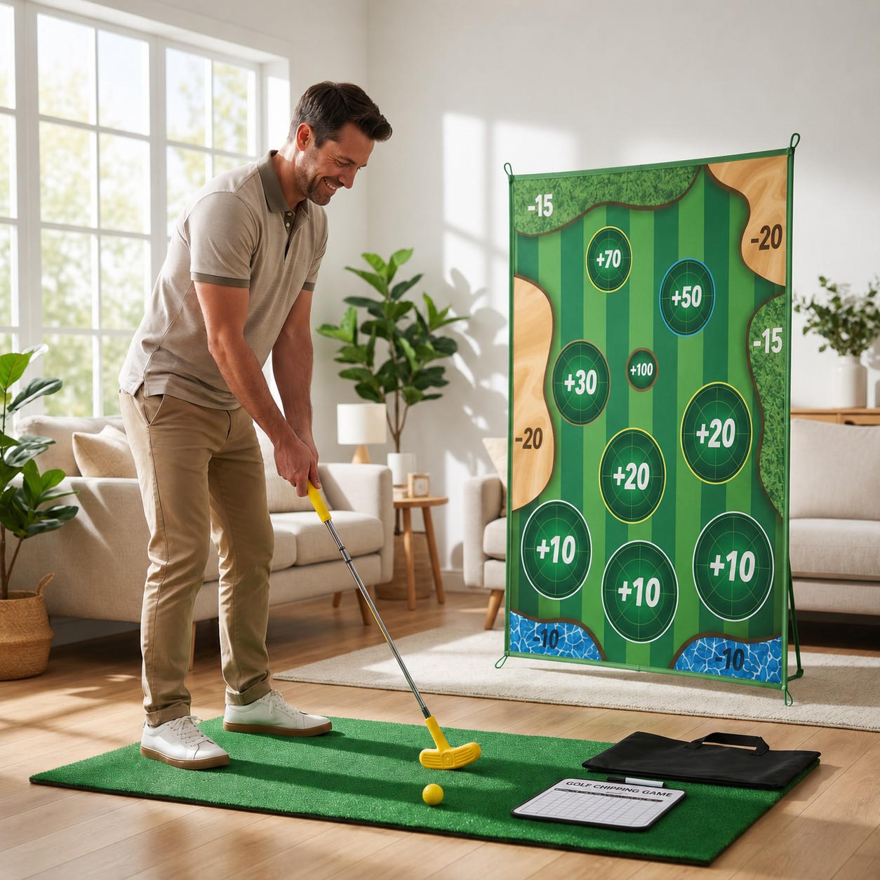 2in1 Golf Training & Play Set – Indoor & Outdoor Swing Mat with Target Wall & Club