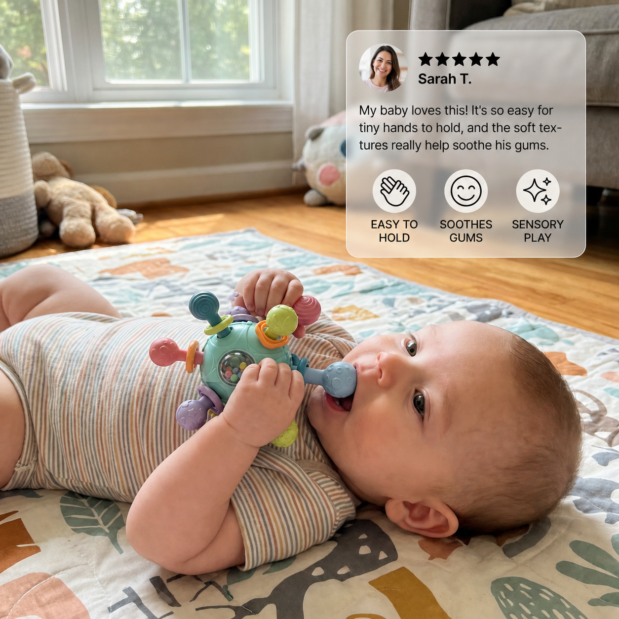 Sensory Baby Activity Ball with Silicone Teether and Rattle