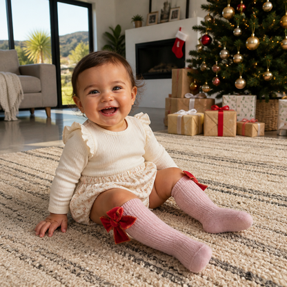 Baby Girls’ Christmas Knee-High Socks with Velvet Bows