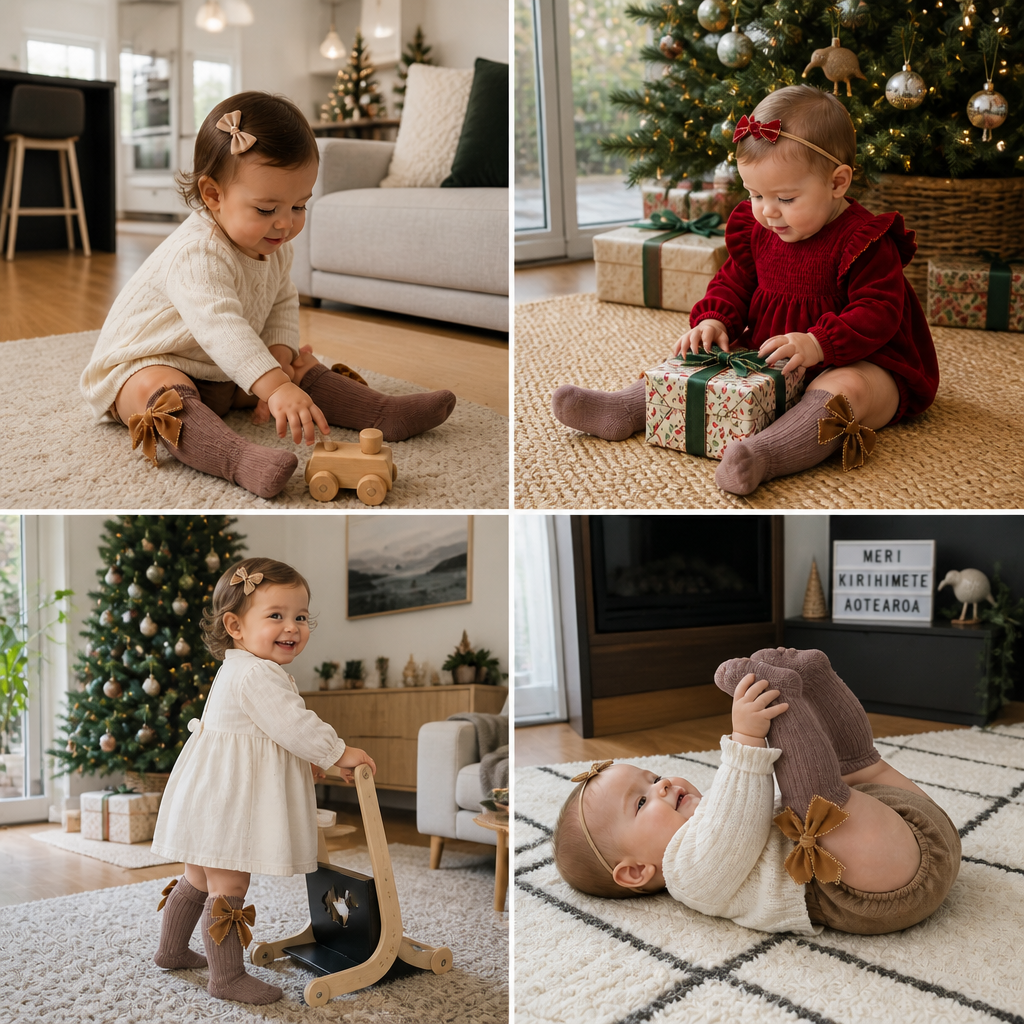 Baby Girls’ Christmas Knee-High Socks with Velvet Bows