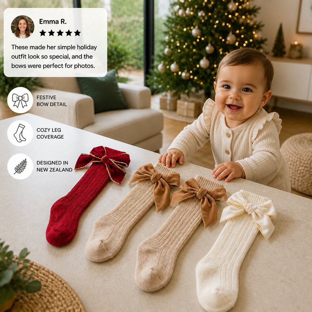 Baby Girls’ Christmas Knee-High Socks with Velvet Bows