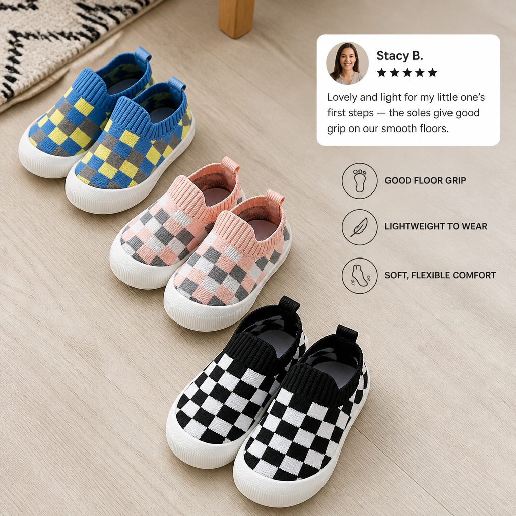 Checkered Lightweight Baby Walking Shoes with Soft, Non-Slip Soles