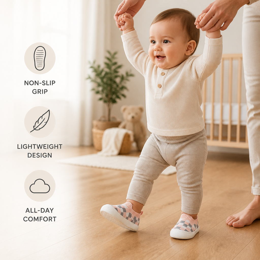 Checkered Lightweight Baby Walking Shoes with Soft, Non-Slip Soles