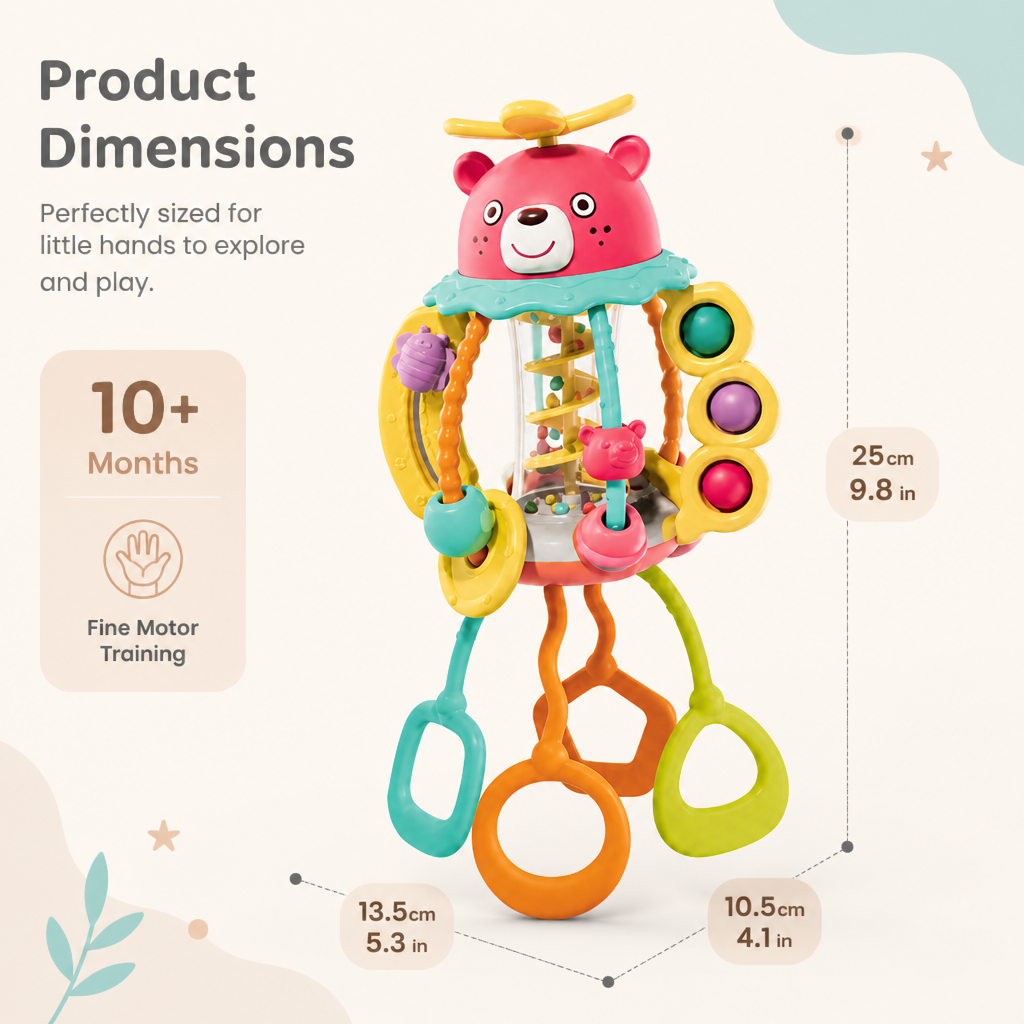 3-in-1 Multi-Sensory Pull-String Teething Toy with Rattle & Rain Sounds for Babies