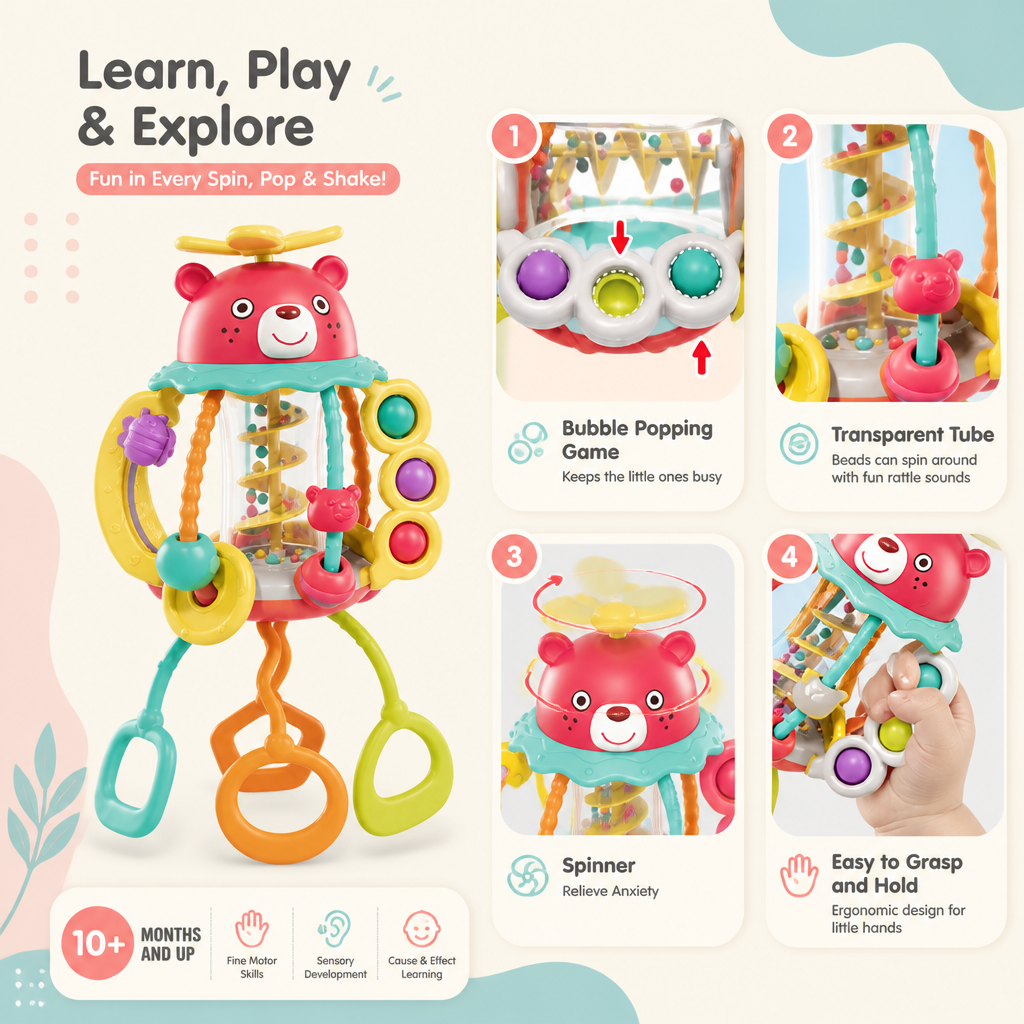 3-in-1 Multi-Sensory Pull-String Teething Toy with Rattle & Rain Sounds for Babies