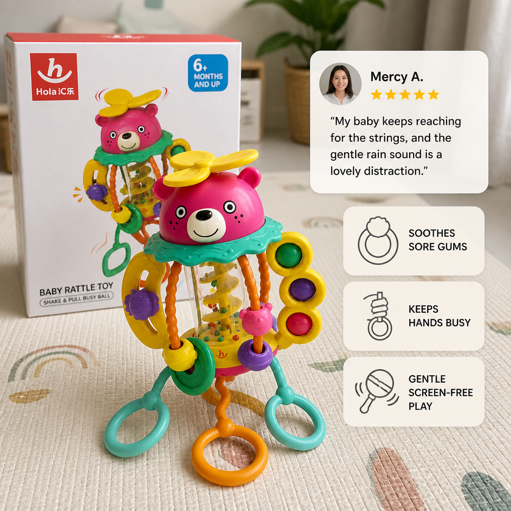 3-in-1 Multi-Sensory Pull-String Teething Toy with Rattle & Rain Sounds for Babies