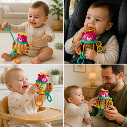 3-in-1 Multi-Sensory Pull-String Teething Toy with Rattle & Rain Sounds for Babies