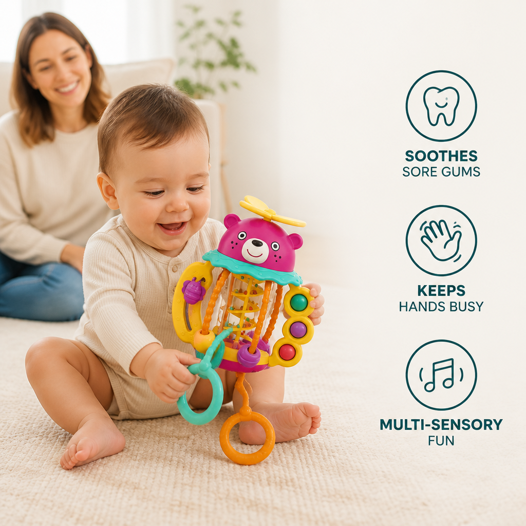 3-in-1 Multi-Sensory Pull-String Teething Toy with Rattle & Rain Sounds for Babies