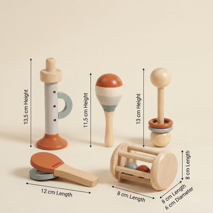 Montessori Wooden Baby Music Set – 5-Piece Sensory Rattle Toy Collection