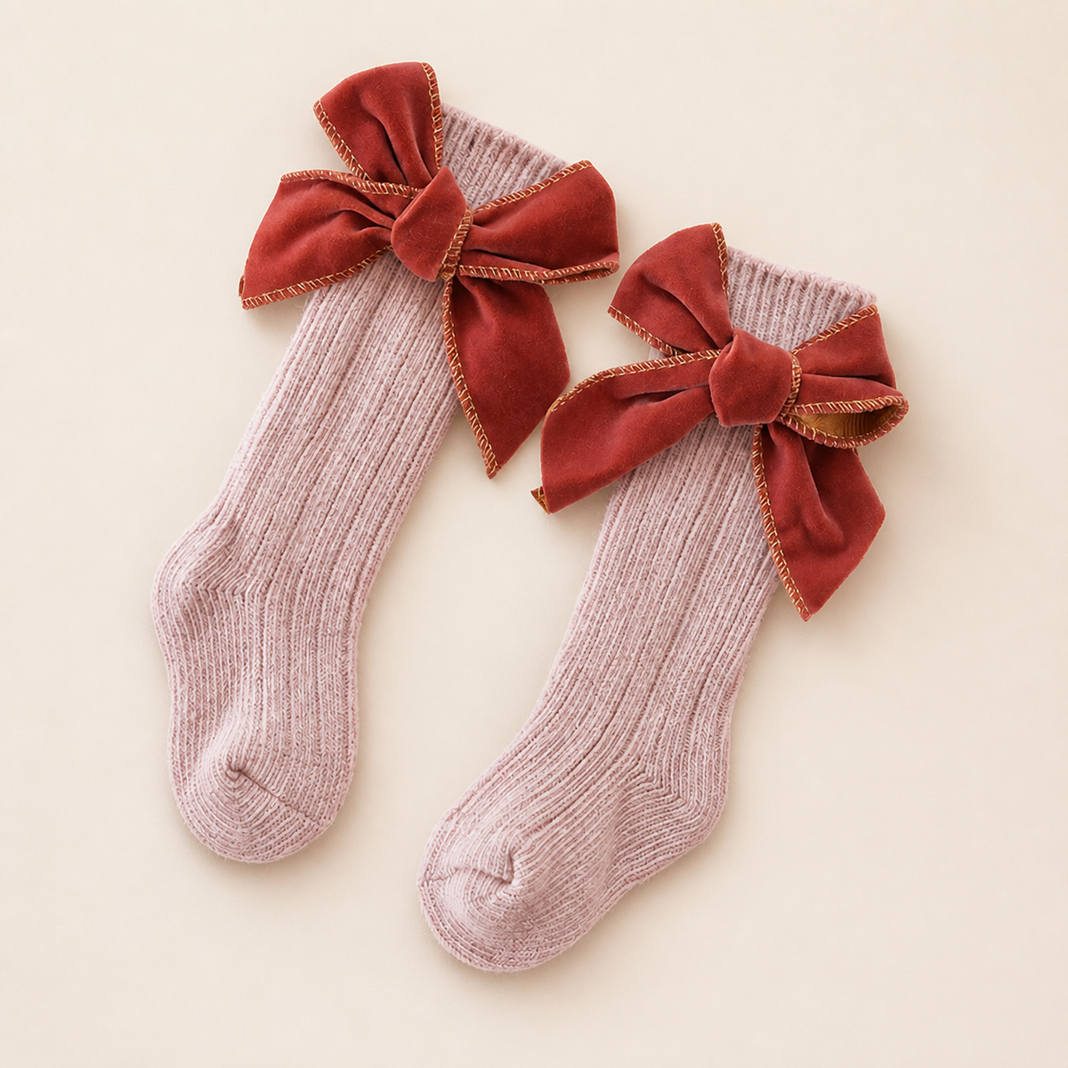 Baby Girls’ Christmas Knee-High Socks with Velvet Bows
