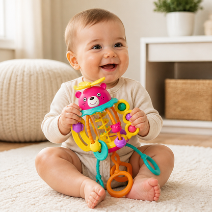 3-in-1 Multi-Sensory Pull-String Teething Toy with Rattle & Rain Sounds for Babies