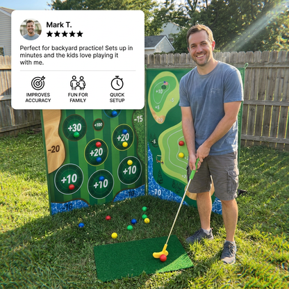 2in1 Golf Training & Play Set – Indoor & Outdoor Swing Mat with Target Wall & Club