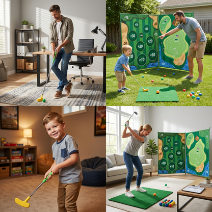 2in1 Golf Training & Play Set – Indoor & Outdoor Swing Mat with Target Wall & Club