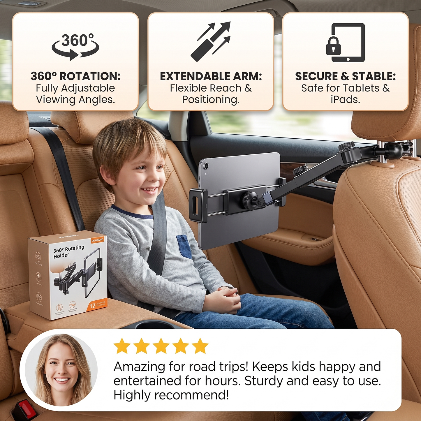 360° Rotating Car Headrest Tablet Holder – Back Seat Mount for Tablets