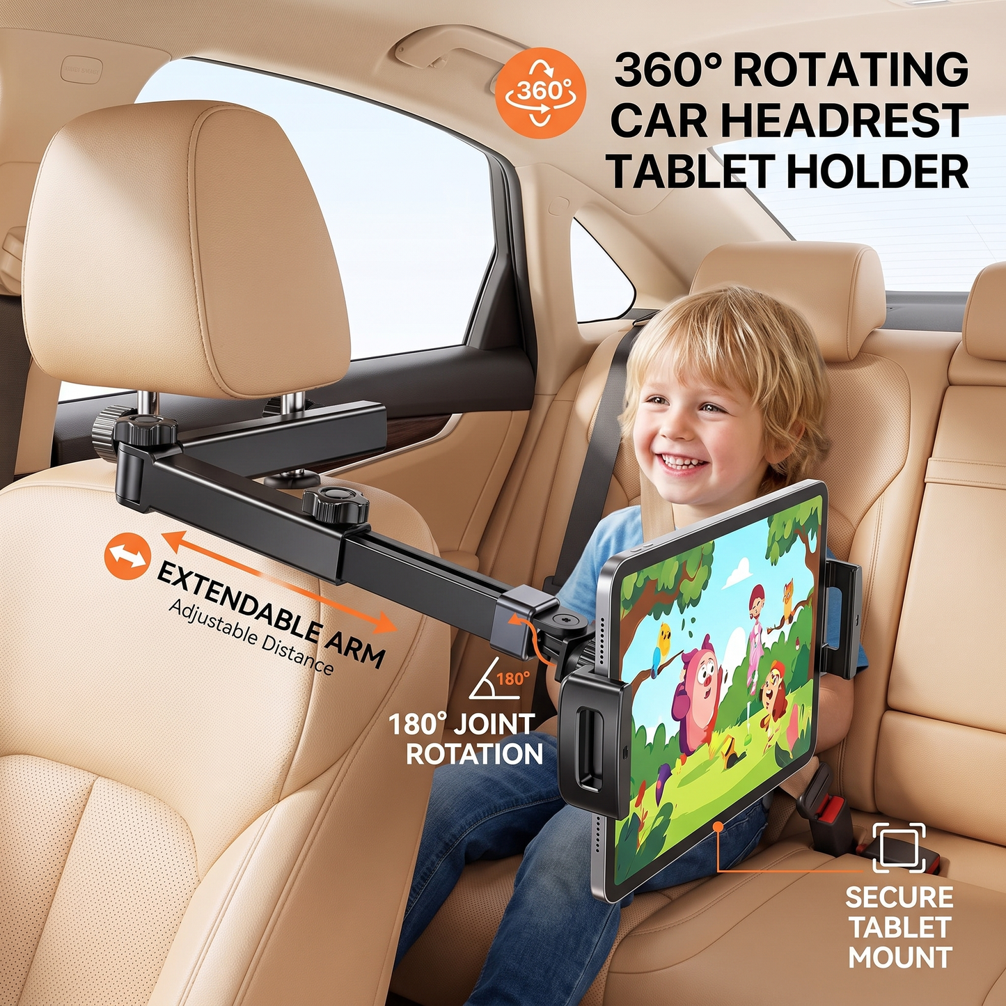 360° Rotating Car Headrest Tablet Holder – Back Seat Mount for Tablets