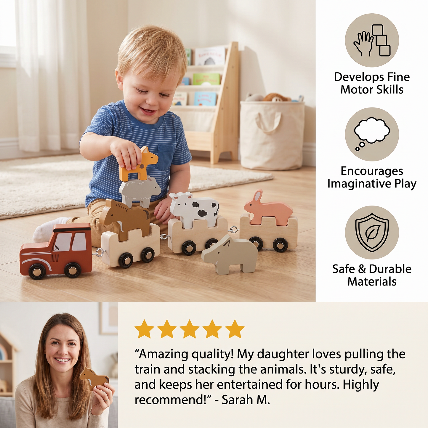 Wooden Farm Animal Train Set