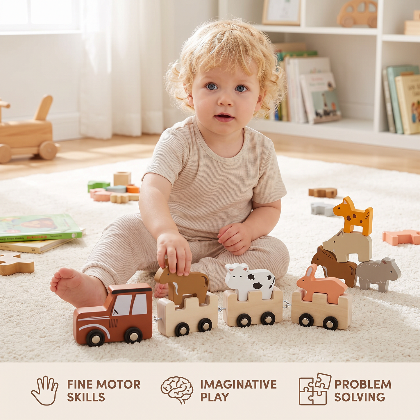 Wooden Farm Animal Train Set