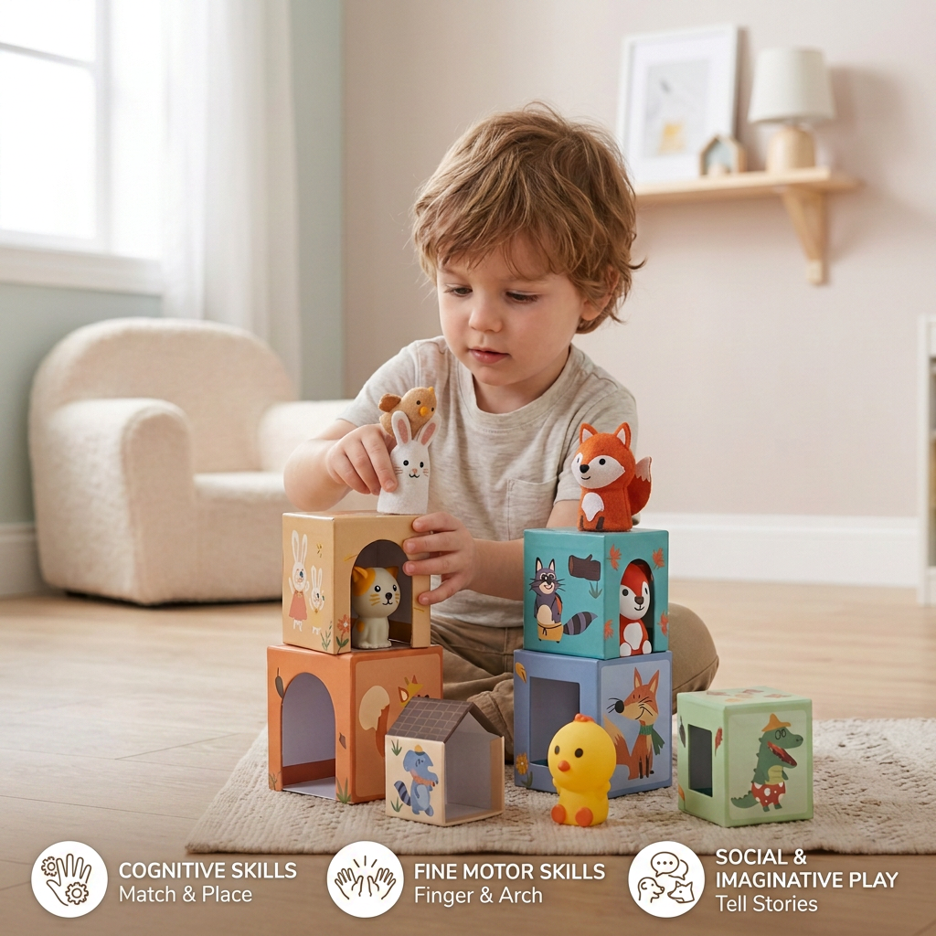Educational farm finger puppet stacking game