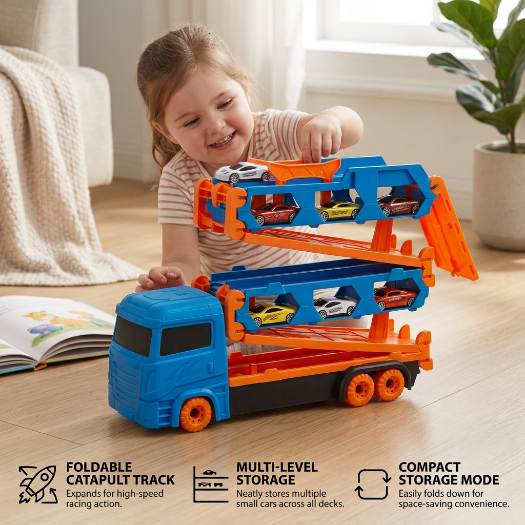 Car Play Truck with Foldable Catapult Race Track